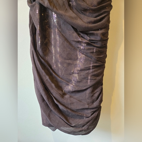 Aidan Mattox Brown One Shoulder Sequin Mesh Overlay Gathered Dress Size 4 - Picture 6 of 12